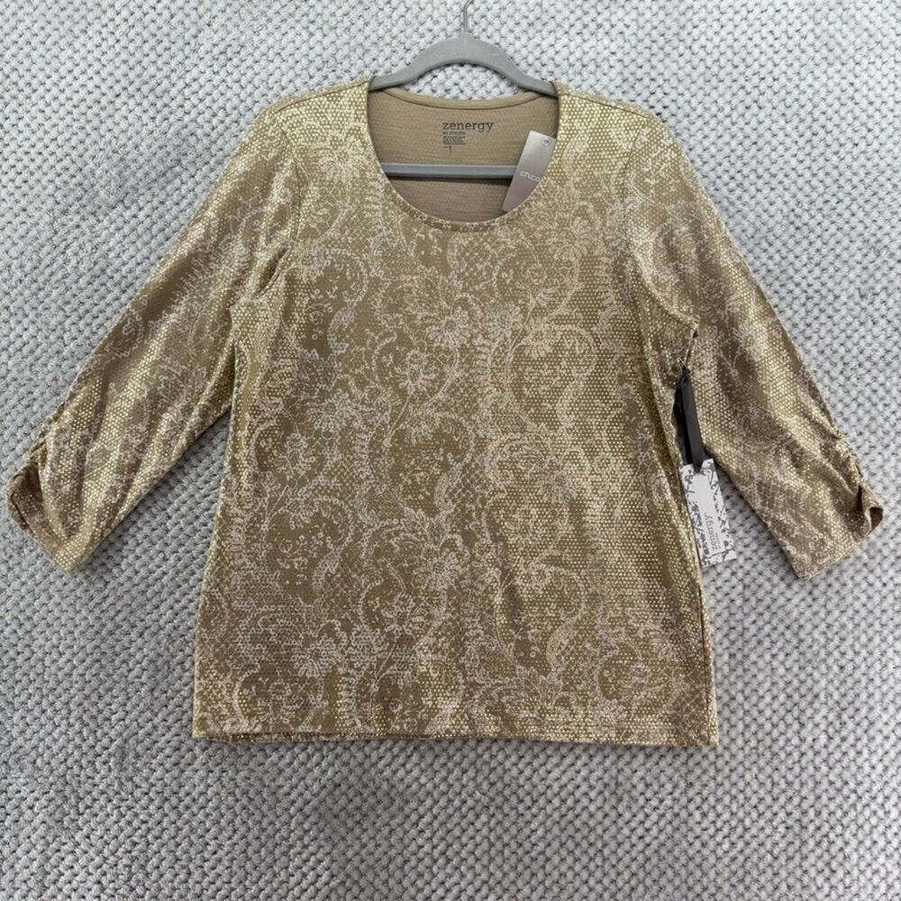Chicos Zenergy Top Womens 1 M Tan Gold Floral Retreat Foil Dot Print 3/4 Sleeve